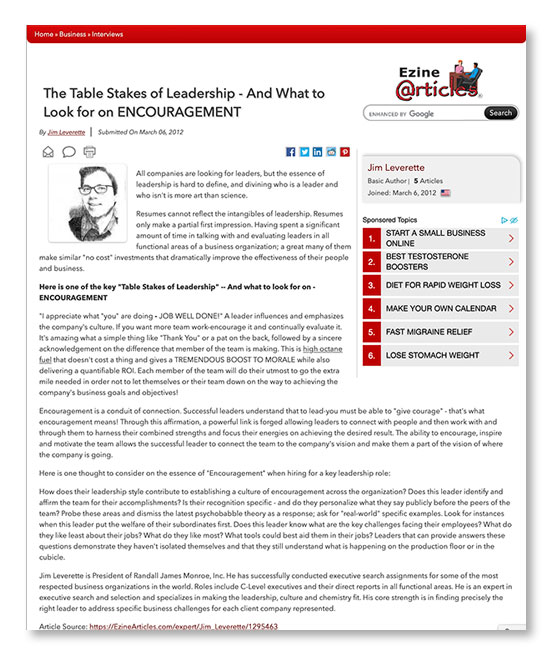 article-ezine-encour The Table Stakes of Leadership - And What to Look for on Encouragement
